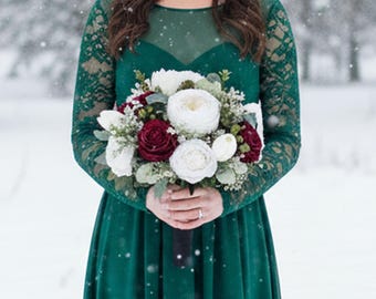 Bridal Bridesmaid Prom Bouquet Artificial Burgundy White Roses Eucalyptus - Add Boutonniere Corsage