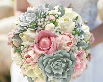 Real Touch Artificial White Ivory Pink Peony Rose Babys Breath Succulent Cascade Bridal Bridesmaids Wedding Bouquet Prom Flower Centerpiece