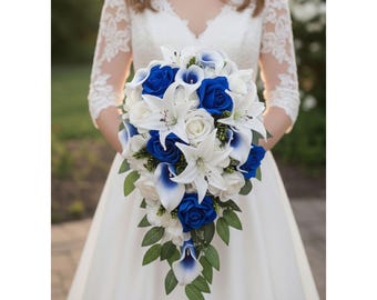 Royal Blue & White Cascade Bridal Bouquet Artificial Wedding Flowers  - Add Corsage Boutonniere More
