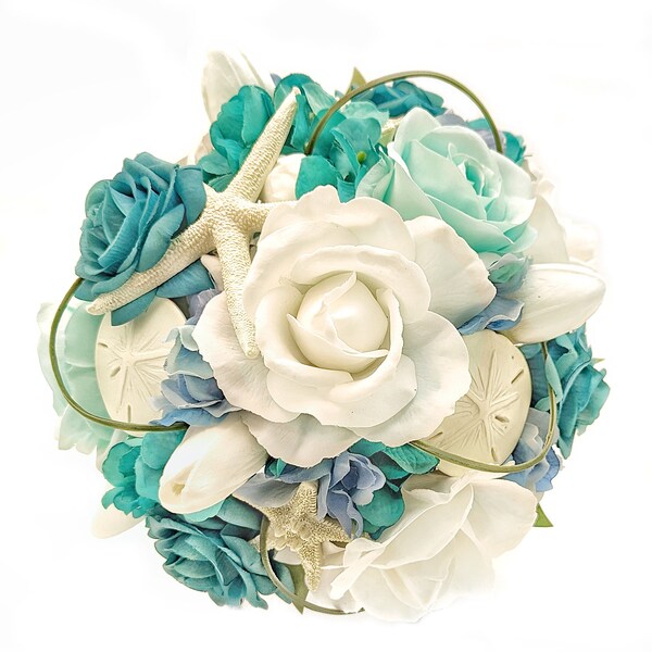 Real Touch Artificial Aqua Teal Turquoise White Roses Starfish Shell Bridal Bridesmaids Bouquets Prom Cascade Bouquet Wedding Arch Flower