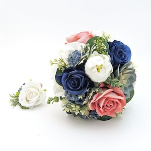 Navy Mauve Bridal Bridesmaid Prom Bouquet - Artificial Wedding Flower Bouquet Succulents Roses Peonies Add Boutonniere Corsage Flower Crown