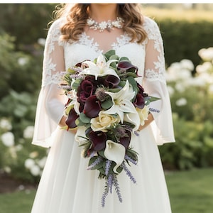 Bridal Bridesmaids Wedding Cascade Prom Bouquet: Ivory, Plum Purple, White - Add Corsage Boutonniere More
