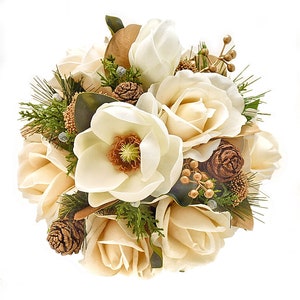 Rosas artificiales de marfil con tacto real, magnolia dorada, ramos de novia en cascada para dama de honor, ramo de graduación, flores de boda, ramillete, boutonniere