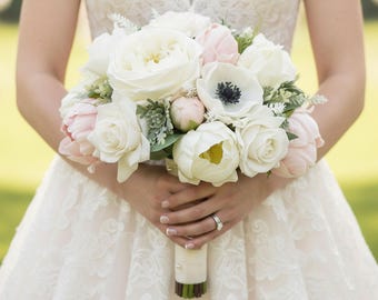 Bridal Bridesmaids Prom Bouquet Artificial Peonies White Blush Roses Succulents: Add Corsage Boutonniere