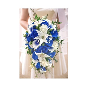 Real Touch Artificial Royal Blue White Ivory Calla Lilies Rose Tiger Lilies Hops Cascade Bridal Bridesmaids Prom Bouquet Wedding Centerpiece