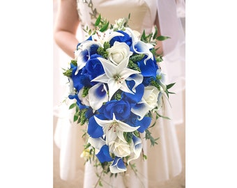 Real Touch Artificial Royal Blue White Ivory Calla Lilies Rose Tiger Lilies Hops Cascade Bridal Bridesmaids Prom Bouquet Wedding Centerpiece