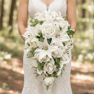 White Tiger Lily Cascade Wedding Prom Bouquet - Artificial Flowers Add Corsage Boutonniere More