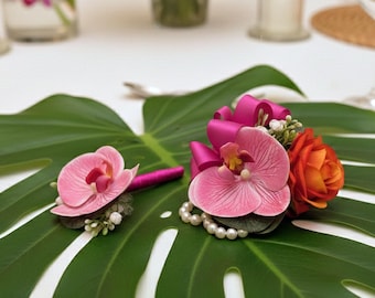 Orange Fuchsia Corsage Boutonniere Prom Wedding Homecoming - Choose Your Ribbon
