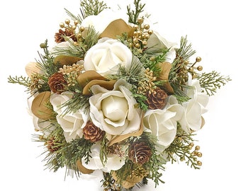 Ivory Gold Winter Wedding Artificial Flower Bouquet - Add Corsage Boutonniere More