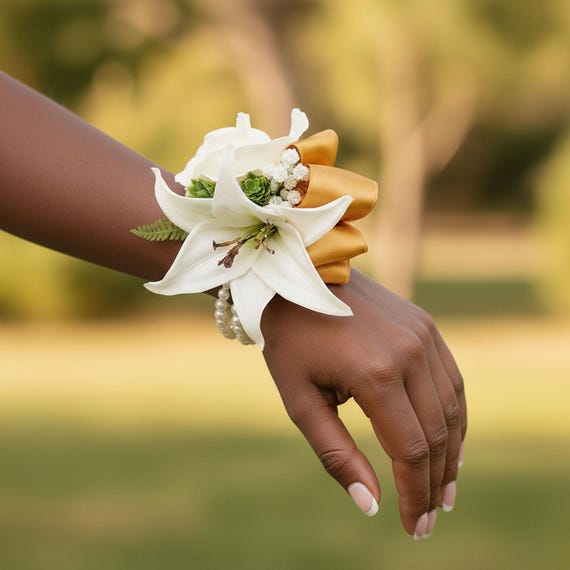 White Rose Tiger Lily Hops Baby's Breath Fern Pearl Wristlet Corsage  Boutonniere Prom Set - Etsy