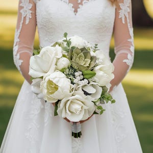 Artificial Ivory Rose & Succulent Bridal Bouquet Prom Flowers - Add Boutonniere Corsage More
