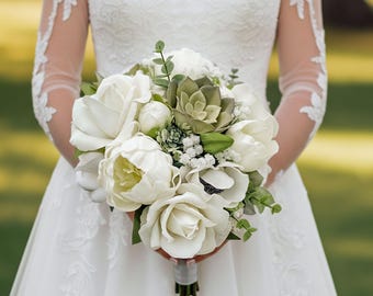Artificial Ivory Rose & Succulent Bridal Bouquet Prom Flowers - Add Boutonniere Corsage More