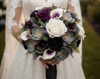 Plum Black Bridal Prom Wedding Bouquet - Add Bridesmaid Corsage Flower Crown Boutonniere More!