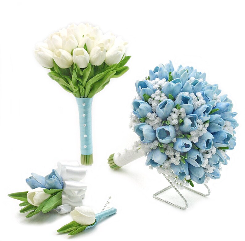 Real Touch Light Blue Tulips Babys Breath Bridal Bouquet Etsy
