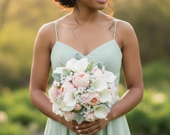 Pink Peonies Roses White Callas Bridal Bridesmaids Prom Bouquet Wedding Flower: Add Corsage Boutonniere