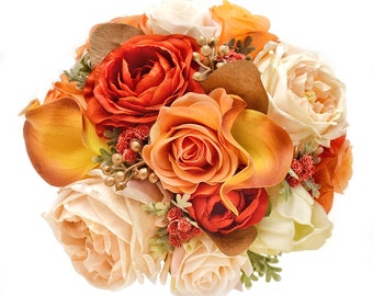 Rust Orange Gold Champagne Artificial Wedding Prom Bouquet - Add Corsage Boutonniere More
