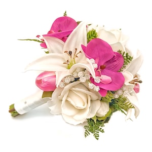 Real Touch Artificial White Fuchsia Rose Tiger Lily Orchid Babys Breath Succulent Bridal Bouquet Bridesmaid Bouquet Prom Cascade Wedding