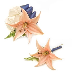 White Rose Coral Pink Tiger Lily Hops Baby&#39;s Breath Fern Pearl Wristlet Corsage Boutonniere Prom Set