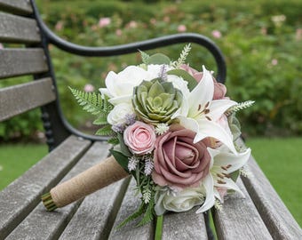 Artificial Bridal Prom Wedding Bouquet: Mauve Roses, Succulents - Add Corsage Boutonniere More