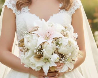 Champagne & Blush Wedding Bouquet: Roses, Lilies, Eucalyptus Gold Accents - Add Boutonniere Corsage
