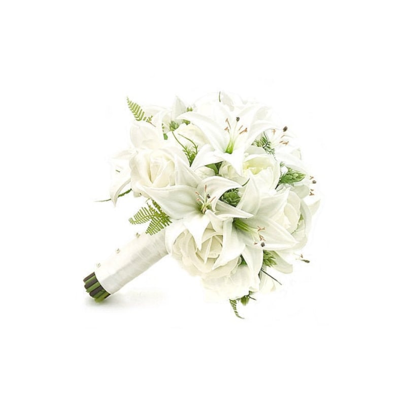 Real Touch Artificial White Ivory Tiger Lily Peonies Roses Hops Bridal Cascade Bouquet Bridesmaids Bouquets Prom Wedding Flowers Centerpiece image 1