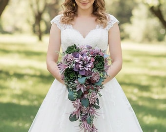 Cascade Succulent Wedding Bouquet, Plum & Green Artificial Flowers