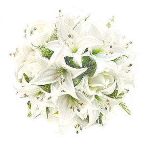 Real Touch Artificial White Ivory Tiger Lily Peonies Roses Hops Bridal Cascade Bouquet Bridesmaids Bouquets Prom Wedding Flowers Centerpiece image 2