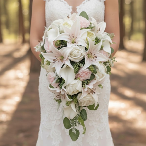 White & Blush Cascade Bridal Bouquet: Tiger Lily, Peonies, Roses Wedding Flowers - Add Corsage Boutonniere