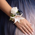 White Rose Blush Lily Navy Accents Corsage Boutonniere Set: Choose Your Ribbon Prom Flowers
