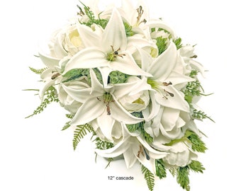 Real Touch Artificial White Ivory Tiger Lily Peonies Roses Hops Bridal Cascade Bouquet Bridesmaids Bouquets Prom Wedding Flowers Centerpiece