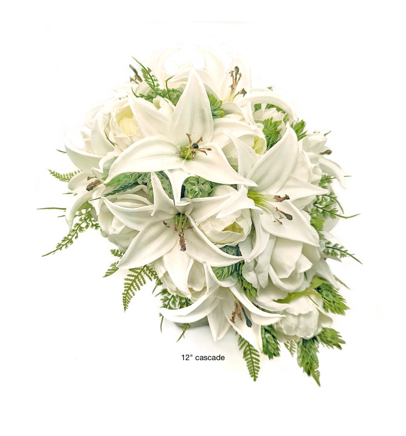 Real Touch Artificial White Ivory Tiger Lily Peonies Roses Hops Bridal Cascade Bouquet Bridesmaids Bouquets Prom Wedding Flowers Centerpiece image 6