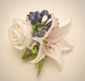 White Rose Blush Lily Navy Accents Corsage Boutonniere Set: Choose Your Ribbon Prom Flowers