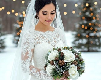 Winter Wedding Bridal Bouquet Bouquet: White Roses Pine Silver Berries & Cones - Add Corsage Boutonniere