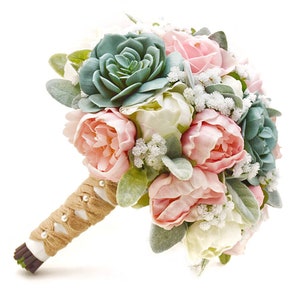 Real Touch Peony Rose Succulent Bouquet: Blush Wedding Flowers