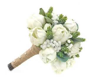 Real Touch Artificial White Ivory Peonies Hops Babys Breath Bridal Cascade Bouquet Bridesmaids Bouquets Prom Wedding Flowers CenterPieces