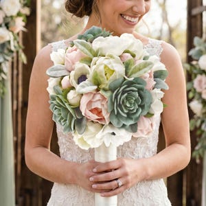 Real Touch Peony & Succulent Bouquet: Pink, White Wedding Prom Flowers