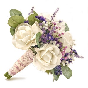 Real Touch Artificial Purple White Lavender Roses Babys Breath Bridal Bouquet Bridesmaids Bouquets Prom Cascade Wedding Flowers CenterPieces