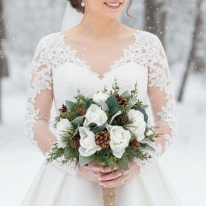 Winter Wedding Bouquet White Roses Cones Pine Bridal Bridesmaids Prom - Add Boutonniere Corsage More