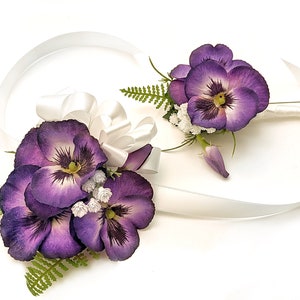 Purple Violet Fern Baby's Breath Wristlet Corsage Boutonniere Prom Wedding Set