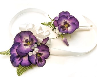 Purple Violet Fern Baby's Breath Wristlet Corsage Boutonniere Prom Wedding Set