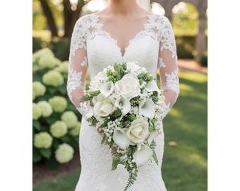 Real Touch White Rose Calla Lily Cascade Bridal Bouquet - Add Corsage Boutonniere More