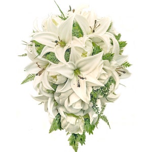 Real Touch Artificial White Ivory Tiger Lily Peonies Roses Hops Bridal Cascade Bouquet Bridesmaids Bouquets Prom Wedding Flowers Centerpiece image 5