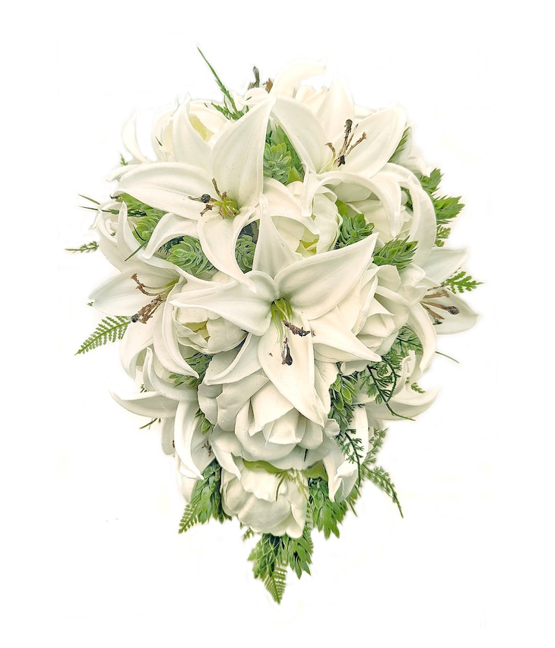 Real Touch Artificial White Ivory Tiger Lily Peonies Roses Hops Bridal Cascade Bouquet Bridesmaids Bouquets Prom Wedding Flowers Centerpiece image 5