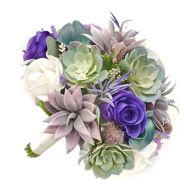 Real Touch Artificial Purple White Lavender Roses Succulents Bridal Bridesmaids Bouquets Prom Cascade Bouquet Wedding Arch Flower