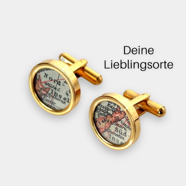 Manschettenknöpfe mit deinen Lieblingsorten aus original Landkarten // Edelstahl vergoldet // Geschenk für ihn // Hochzeit