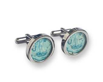 Cufflinks with sailboat from original US stamp / gift for sailor / wedding / stainless steel