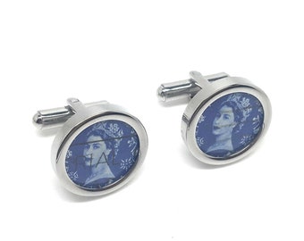 QUEEN ELIZABETH II // royal cufflinks with original British stamps // blue // London