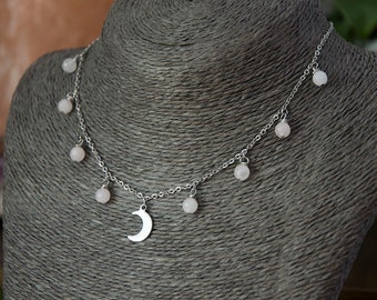 Stainless Steel Waxing Crescent Moon Pendant Necklace with Rose Quartz Crystal Beads Choker Necklace
