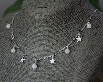 Stainless Steel Star Choker Necklace with Rose Quartz Crystal Beads Choker Necklace