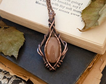 Peach Moonstone Wire Wrap Pendant Necklace | Antiqued Copper